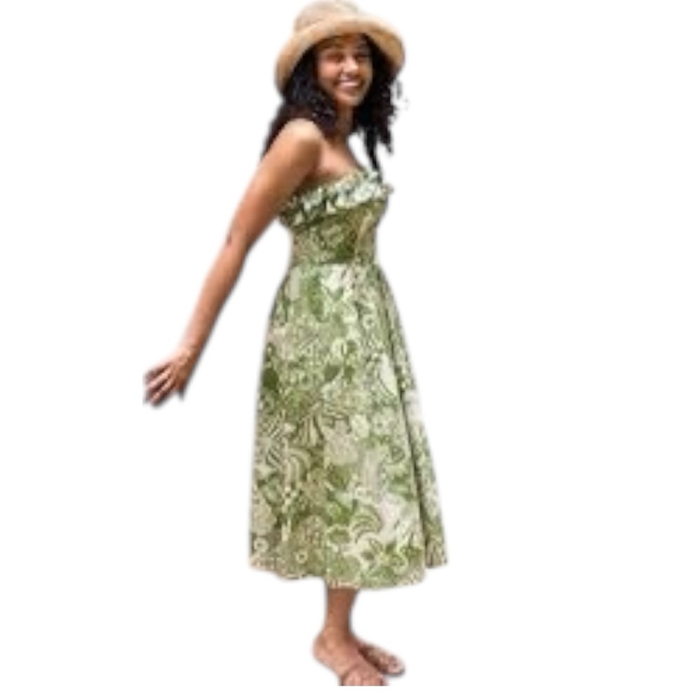 Alden Adair Catherine Dress XS Green Print Strapless Midi NWT